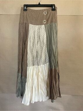 D Studio. Boho Tiered Patchwork Maxi Skirt in Taupe, Cream, and Gray. Size 4